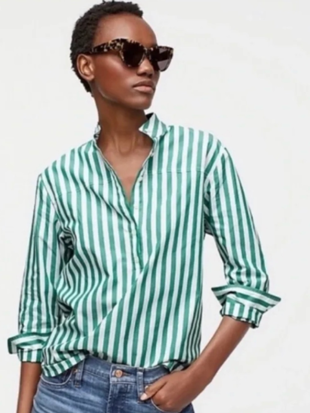 J.Crew Band-collar cotton popover tunic in bold stripe alpine and white size 4